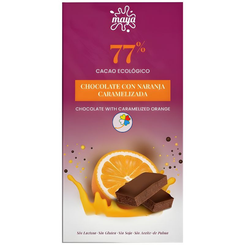 TABLETA CHOCOLATE 77% CON NARANJA CARAMELIZADA 70G MAYA ORGANIC