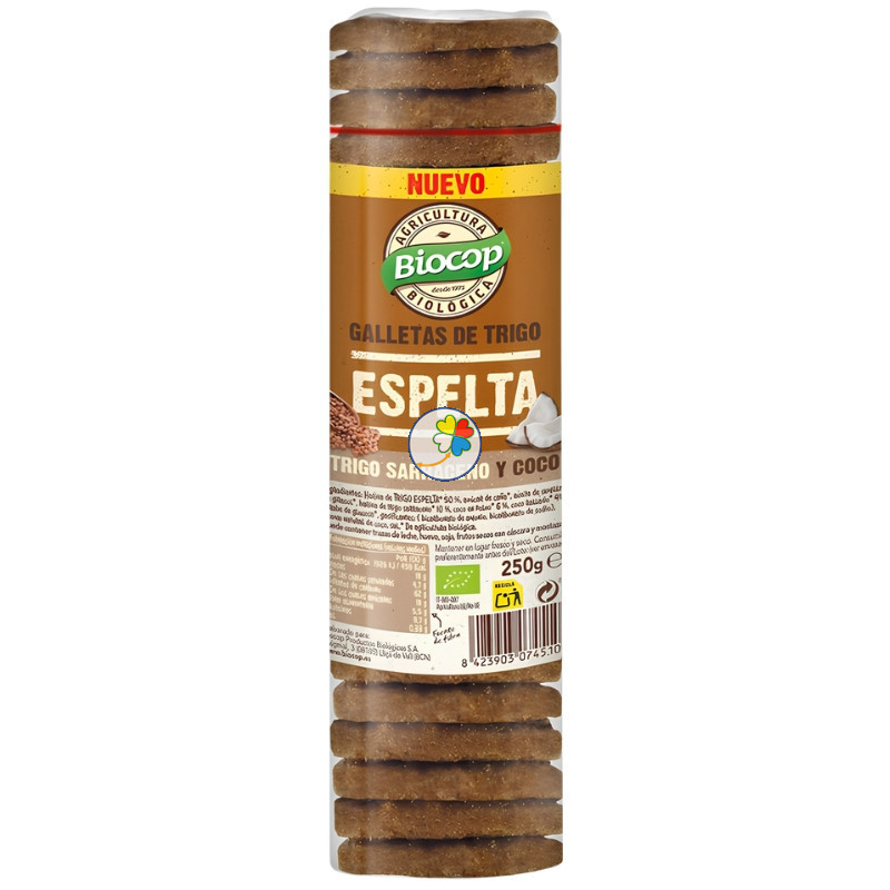 GALLETAS DE TRIGO ESPELTA CON TRIGO SARRACENO Y COCO 250G BIOCOP