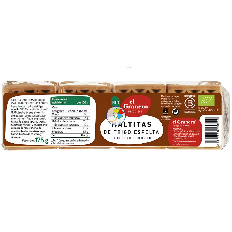 GALLETAS MALTITAS DE TRIGO ESPELTA BIO 175G GRANERO
