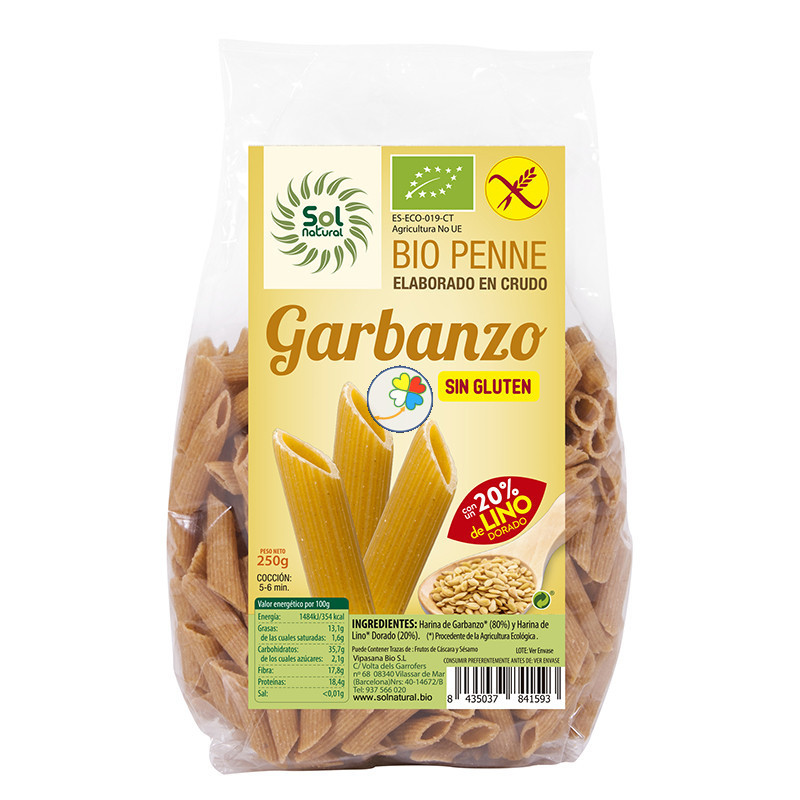 PENNE DE GARBANZOS Y LINO BIO S/G 250Gr. SOL NATURAL